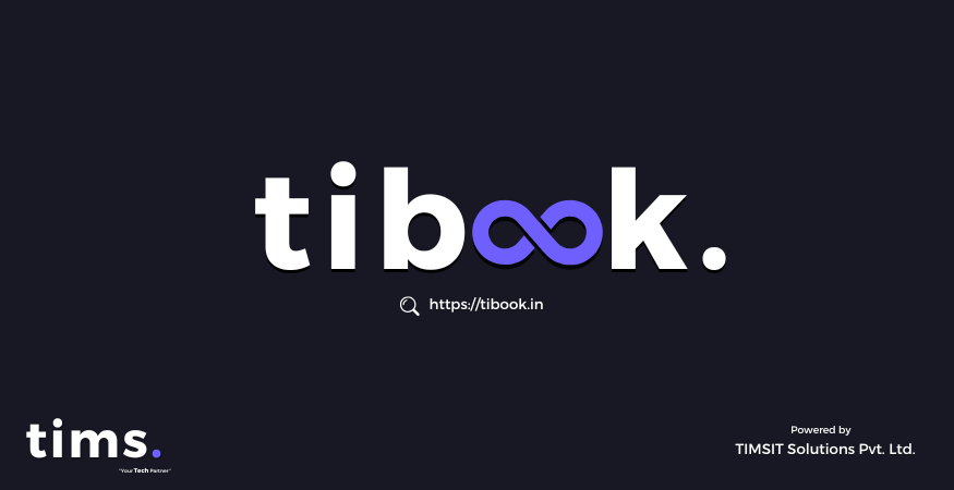 A dark-themed logo for 'tibook.' featuring bold, white lowercase letters. The double 'o' is stylized as an infinity symbol in a gradient blue color. Below the logo, the website URL 'https://tibook.in' is displayed with a small search icon
                    