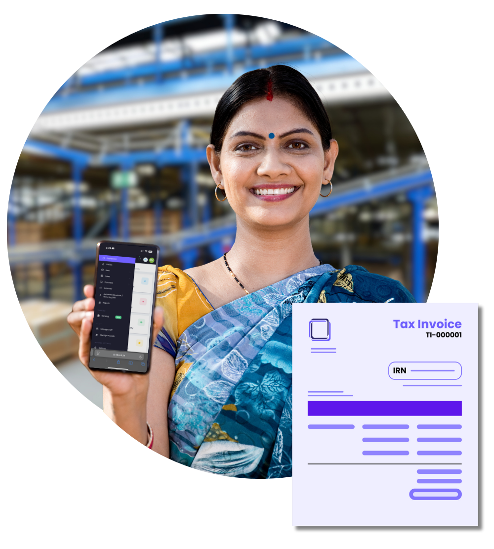 A smiling Indian woman in a blue and gold saree holds a smartphone displaying the TiBook app in an industrial setting—a tax invoice graphic highlights TiBook’s digital invoicing solutions.