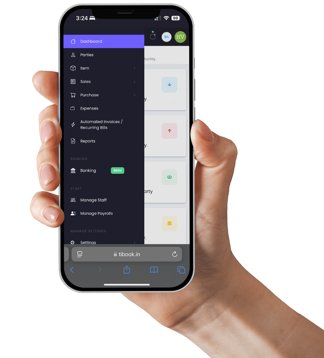 A person holding a smartphone displaying the 'TIBOOK' mobile interface. The screen shows a dark-themed sidebar menu with various options such as Dashboard, Sales, Purchase, Expenses, Automated Invoices/Recurring Bills, Reports, Banking (Beta), Manage Staff, Manage Payrolls, and Settings. The background has a modern abstract design with circular elements. The browser address bar at the bottom shows 'tibook.in,' indicating the web-based platform.
                    
